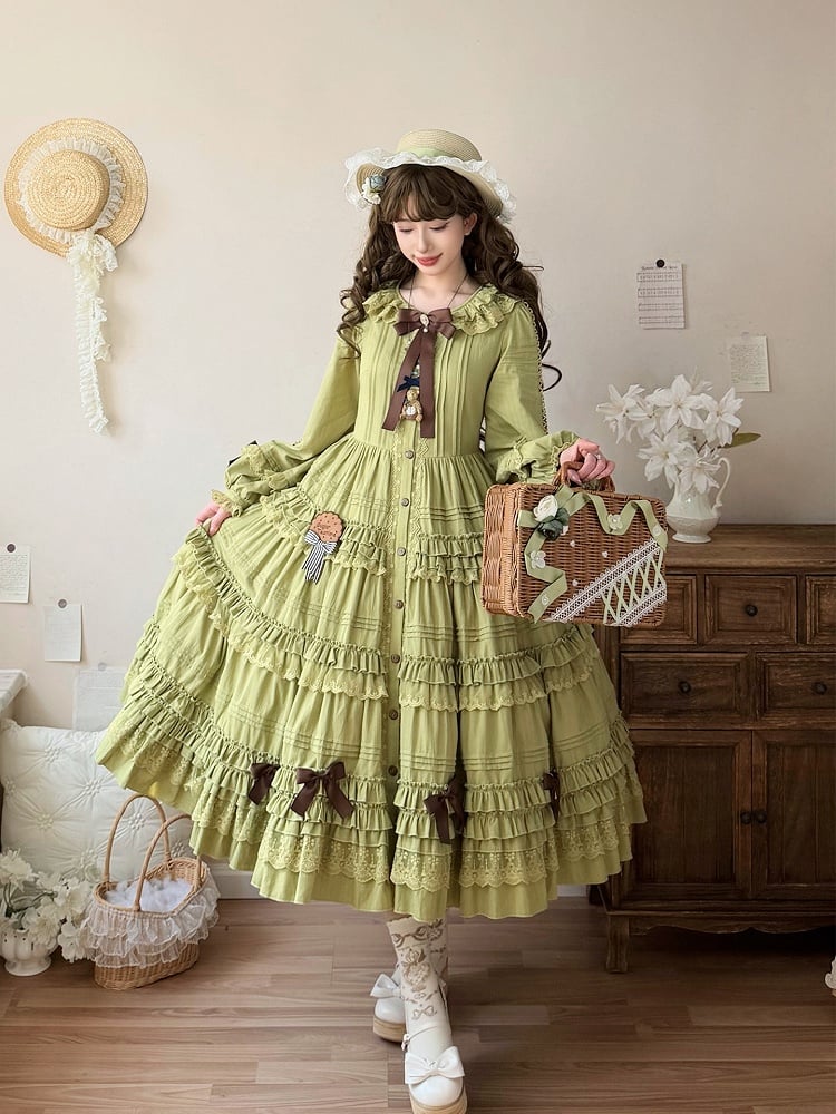 Sleeves Green Olive Design Long One Piece Ruffle Elegant