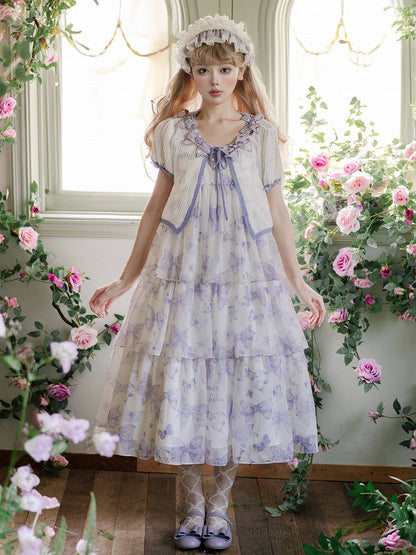 パープルの蝶結びアップリケネックライン半袖トップス