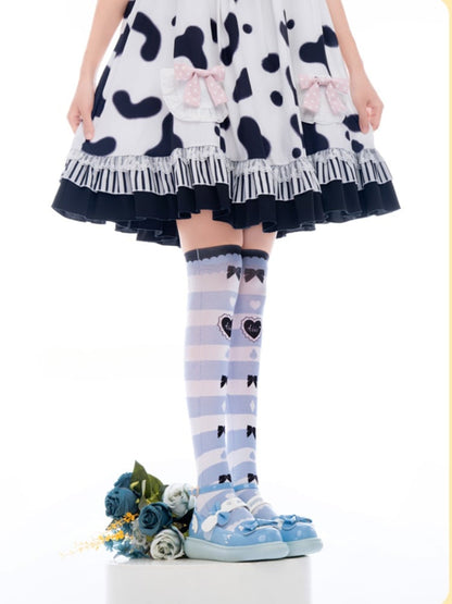 Blue & White Stripes Bow and Heart Print Over Knee Stockings