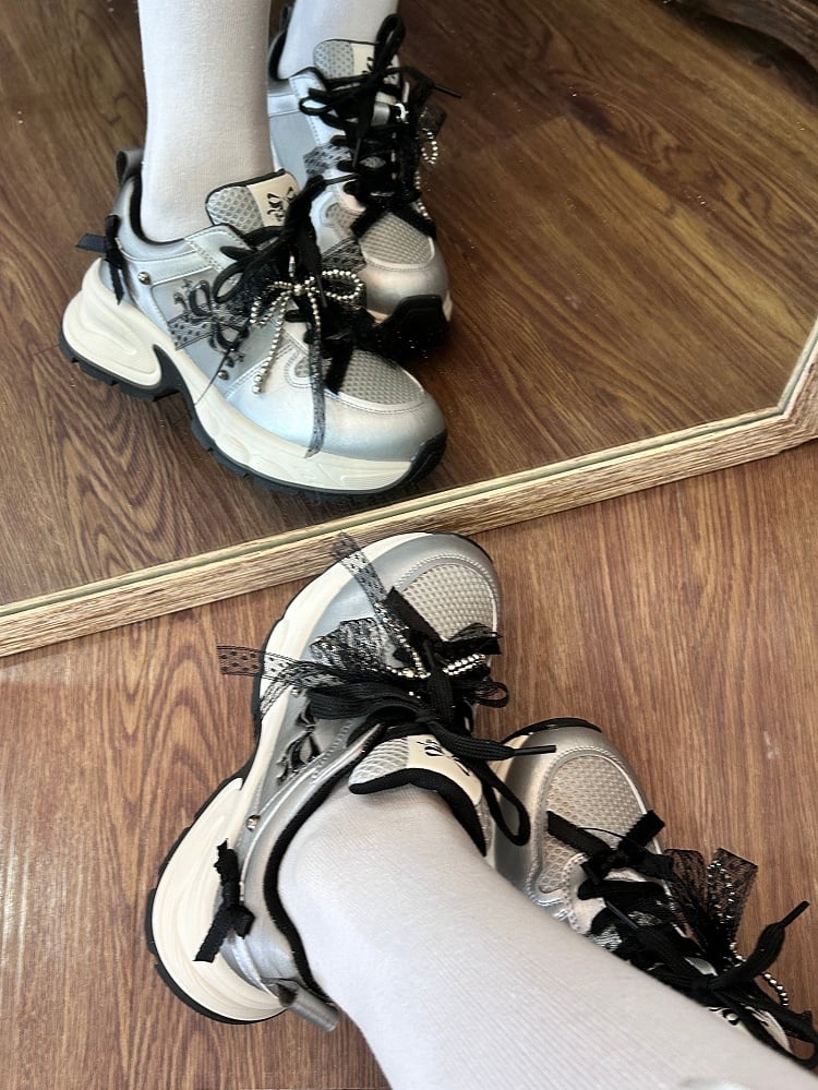 Beaded Front Ties Black Bowknot Lace-up Decorated Details Sneakers