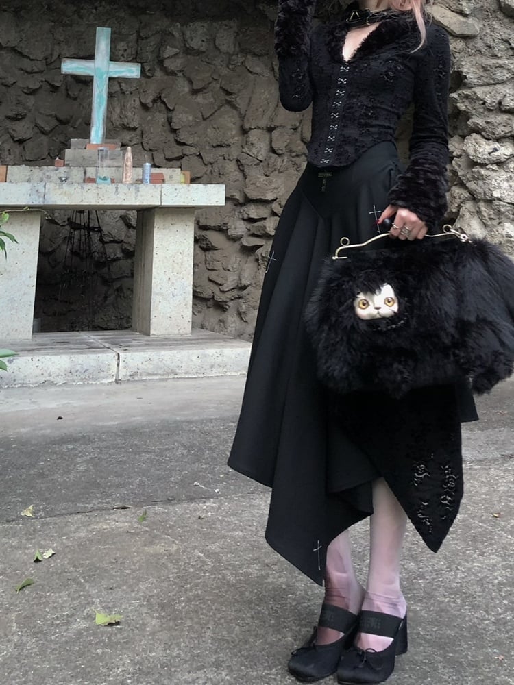 Lace Ankle-Length Cross Stitch Black/Dark Skirt with Gothic Gray Detailing Embroidered