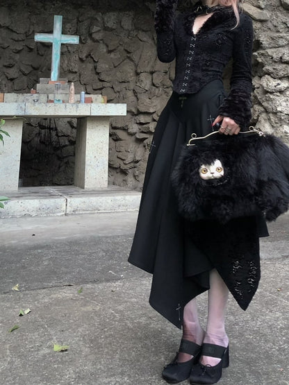 Lace Ankle-Length Cross Stitch Black/Dark Skirt with Gothic Gray Detailing Embroidered