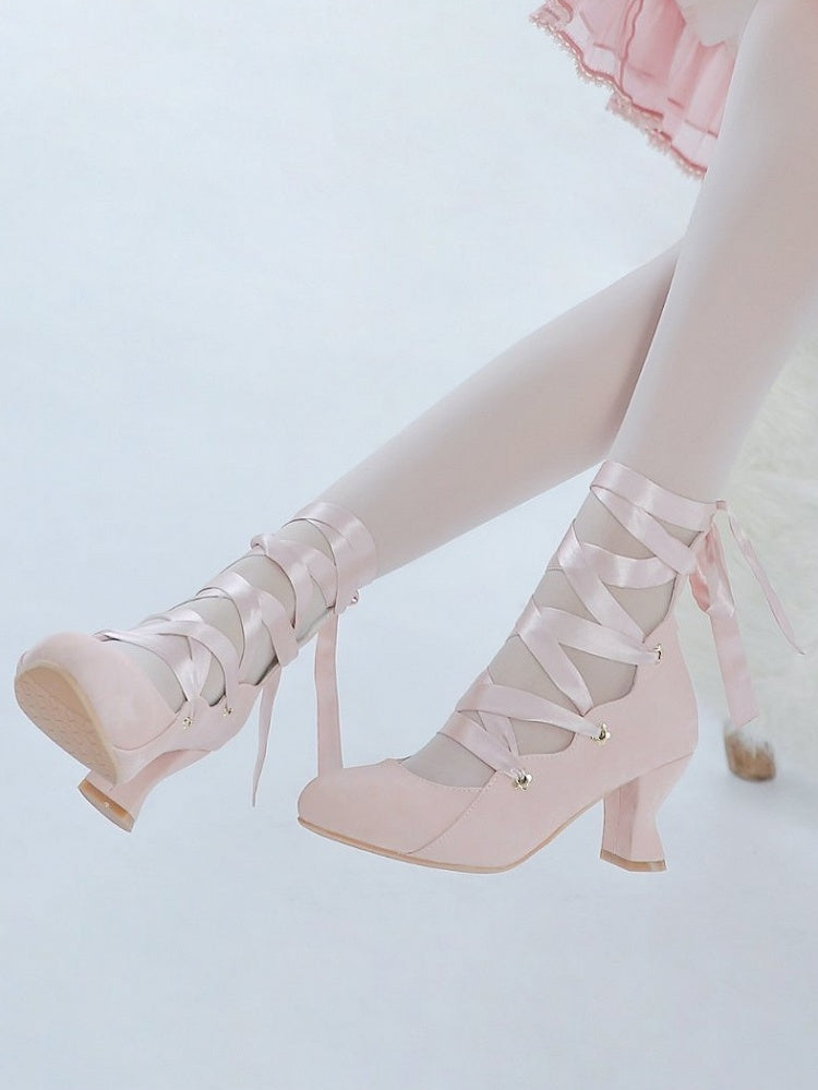 Design Lolita Shoes Pink Closure High-heel Toe Elegant Pointed with Lace-up