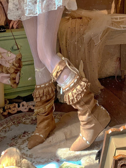 with Ruffles Mid-calf Leg Accents Garter Pair of Trim - Vintage A Pointed Brown Boots Toe Bow
