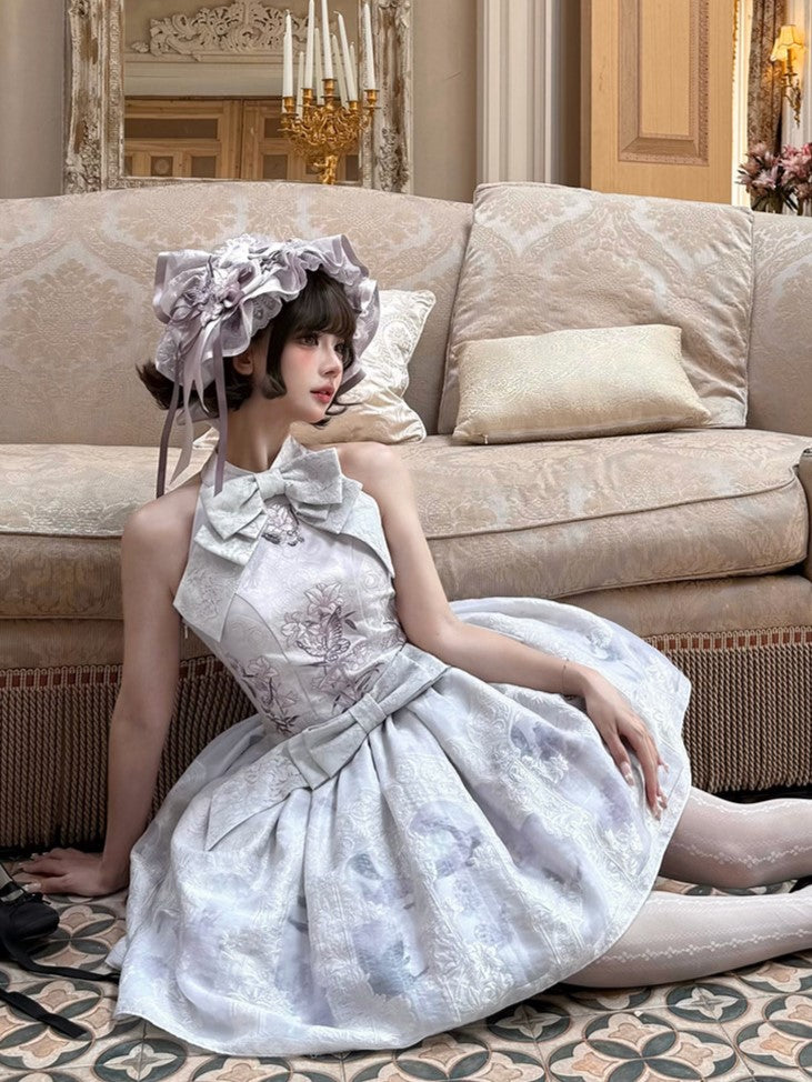 Oriental Lilac Halter Bow Floral JSK Outfit - Yimu Walnut
