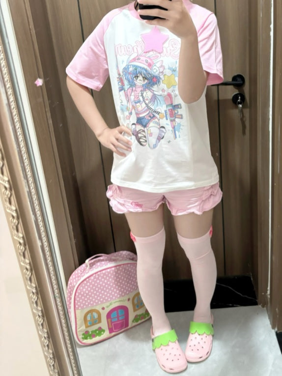 Anime Girl Print T-Shirt Star with Choker Pink and White Colorblock Design Free