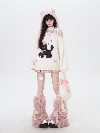 Pink/White Cozy One-Shoulder Fuzzy Balloon Sleeve Sweater with Cat and Bow Patterns