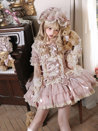 with Waist Sweet Low Sleeves Bow Lace Pink Beige Dress Ruffled Lolita and Accents