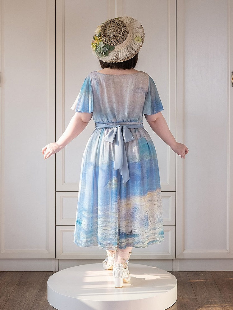 Blue Ocean Oil Painting Print Butterfly Sleeves Elegant Lolita Maxi Dress with Cowl Neckline