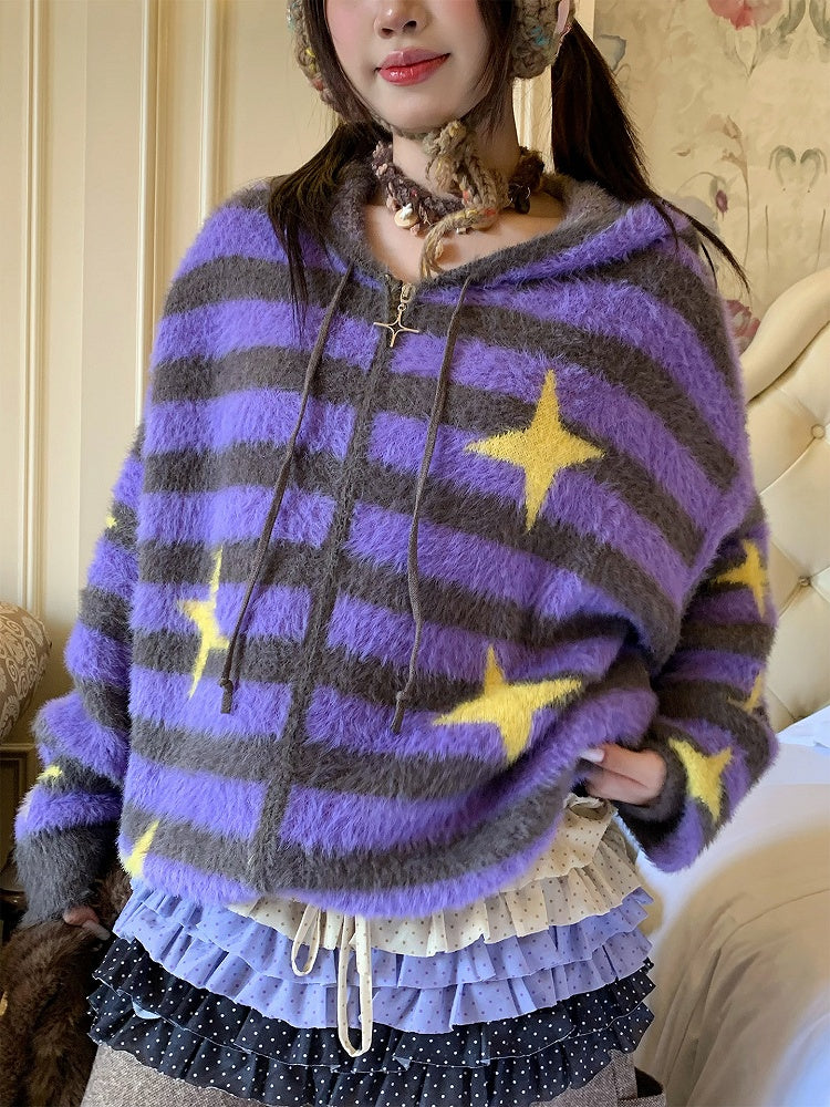 Stripe with Purple Pattern Star Zip-up Y2K Knit Jacket
