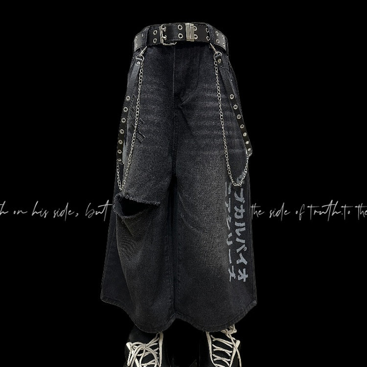 Vintage Applikationen Distressed Holes Straight-Leg Jeans Schwarzes Kreuz