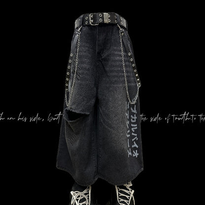 Vintage Applikationen Distressed Holes Straight-Leg Jeans Schwarzes Kreuz