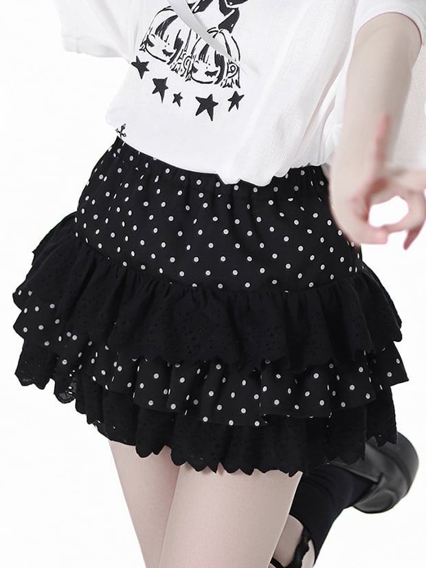 Tiered Polka-dot Skirt Bloomers Lining Black Elastic Waist Lace Trim