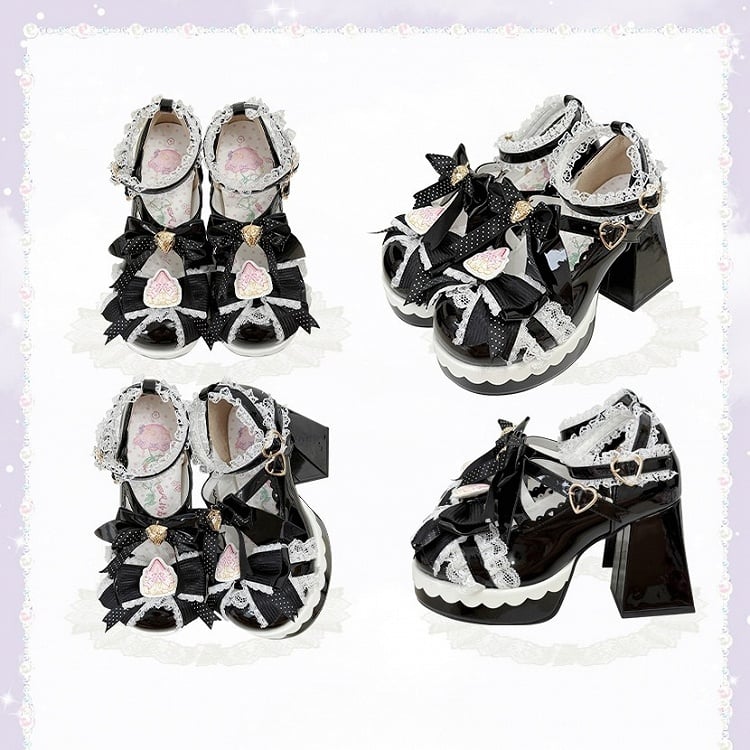 Clasp Black Heart Strawberry Jane Bow Mary Sweet - with Lolita Embellished Shoes Adjustable