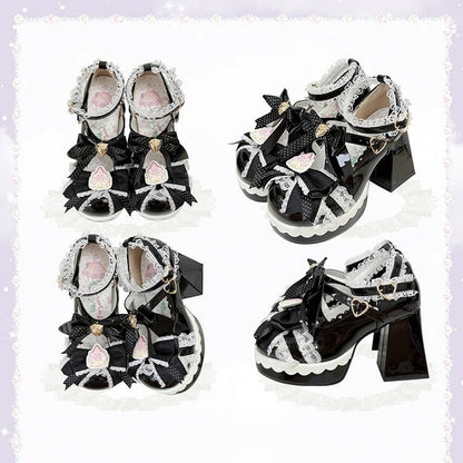 Clasp Black Heart Strawberry Jane Bow Mary Sweet - with Lolita Embellished Shoes Adjustable
