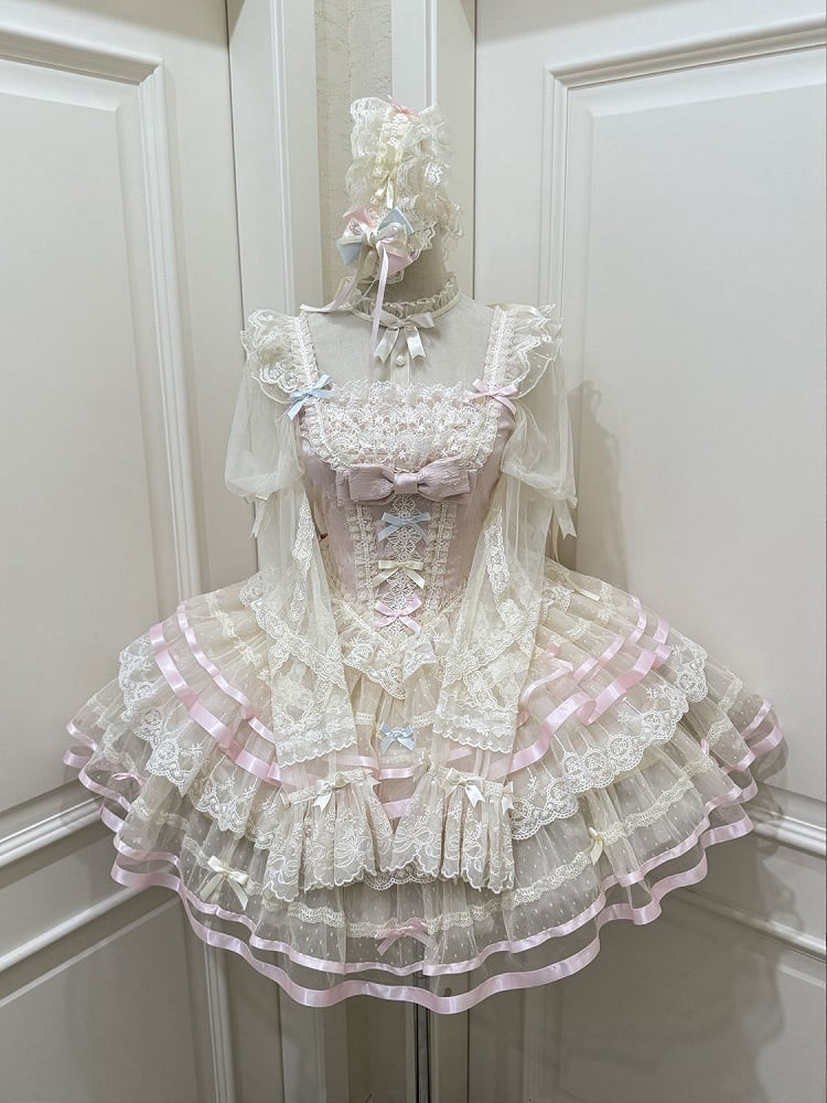 Corset at Princess Waist Pink Tulle with Big Back Skirt JSK Layered Bow Lolita