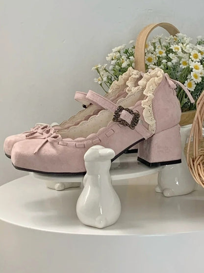 Mid - Toe Bow Lolita Pink Elegant for Square Heel Mary Janes Accent with