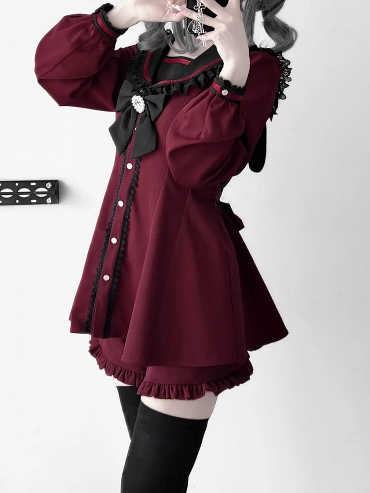 Kei-Ohren, Jirai, rotes Set – Schleifendesign auf der Rückseite + weinrotes Minikleid + Shorts mit Rüschensaum, Krawatte, Matrosenkragen, Hase