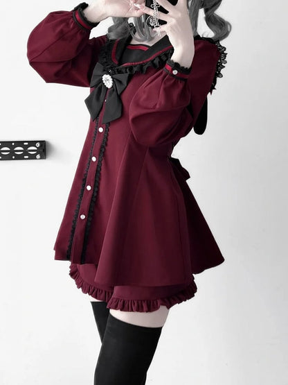 ケイ耳ジライレッドセットバックリボンデザイン+ワインミニドレス+フリルヘムショーツタイセーラーカラーバニー