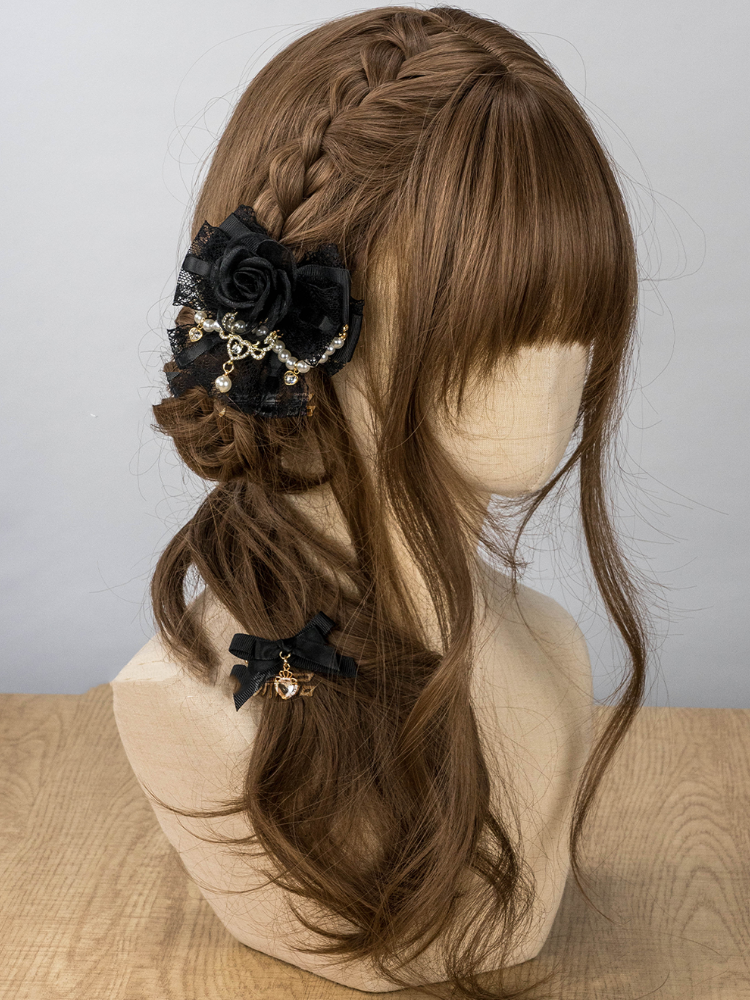 Jirai Kei Pink/Apricot/Black Lace Rose Beaded Chain Lolita Hairclip