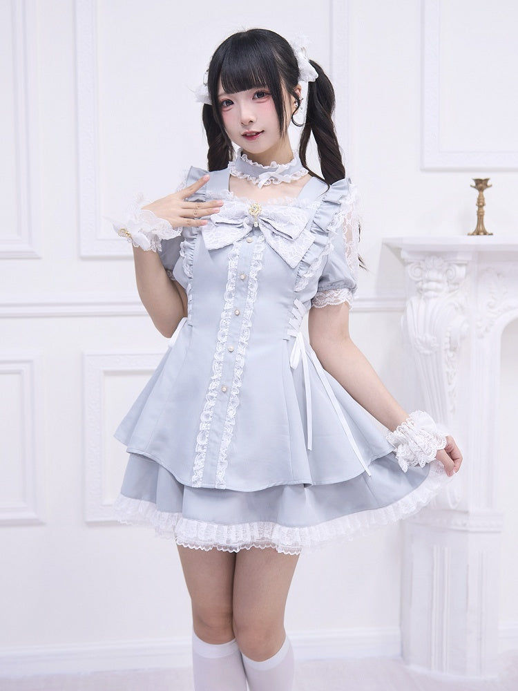 Kleidrock mit seitlicher Schnürung, Mini-Light-Kei-Style-Jirai-Schulter, passender Ausschnitt und graues Detailset: