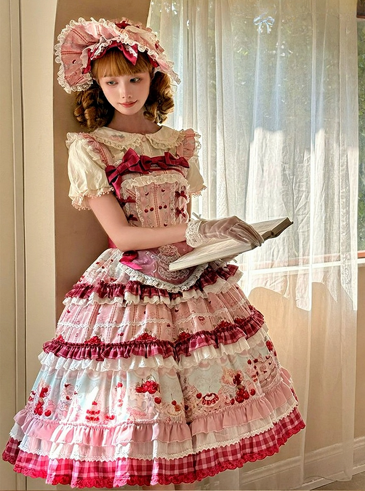Pink Cherry Cake Print Sweet Lolita Dress with Layered Ruffles - Strawberry Fantasy