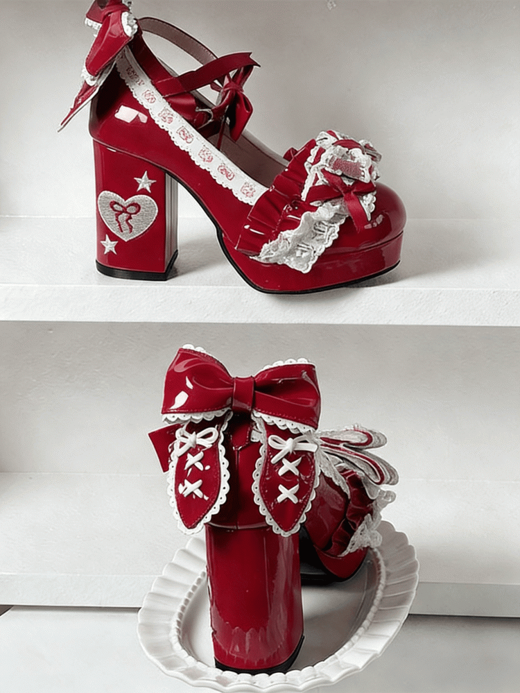 Shoes Details in - Red 10cm Bow Heeled Lolita Sweet