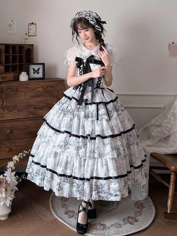 Elegant Hanayome-Style Black & White Porcelain-Inspired 120CM-Length Lolita Princess Dress - Sleepless Star