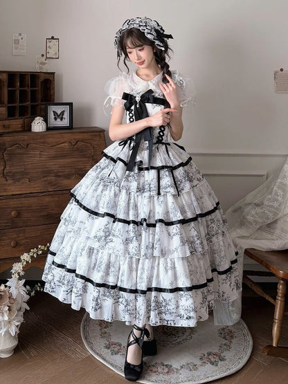 Elegant Hanayome-Style Black & White Porcelain-Inspired 120CM-Length Lolita Princess Dress - Sleepless Star