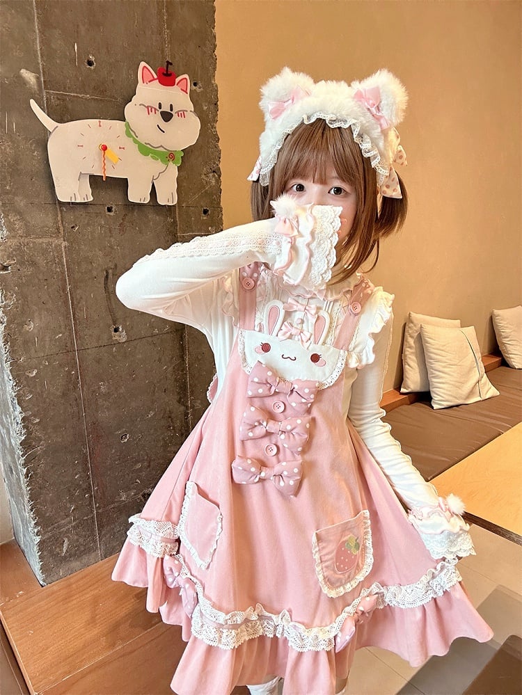 on Polka-dot Bowknot Lolita Jumper Skirt Details Bunny Ears Design Sweet Waist Hood Pink
