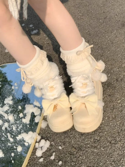 Boots Yellow Lolita - Charm Pompom Platform Snow Sweet