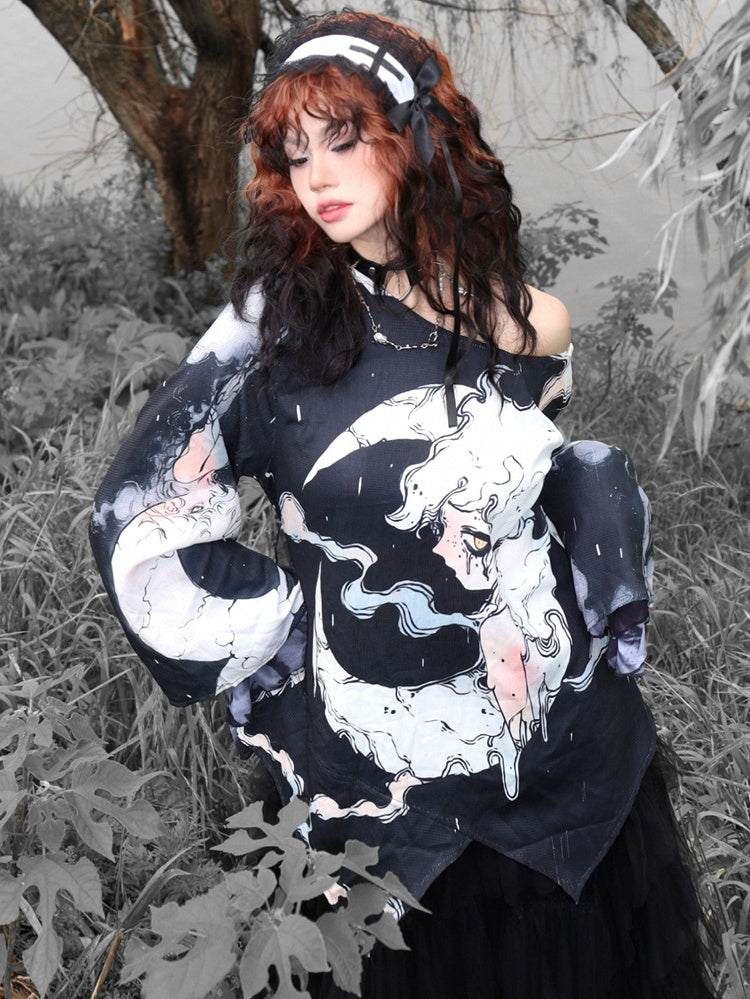 ファッションブラックムーンスリーブプロテクショントップロングとギャル漫画プリントサン