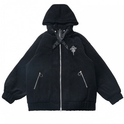 Schwarze Kapuzenjacke mit Schlangenmuster und überkreuzten Schnallenriemen