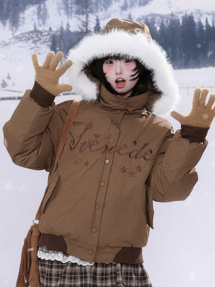 Brown/Blue Closure Kawaii Blouson Star Embroidery Dual with in Jacket Daily