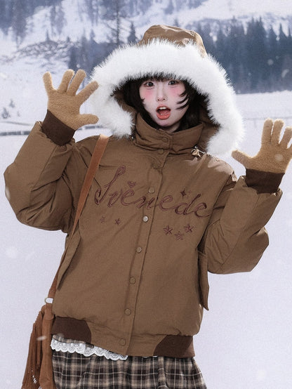 Brown/Blue Closure Kawaii Blouson Star Embroidery Dual with in Jacket Daily