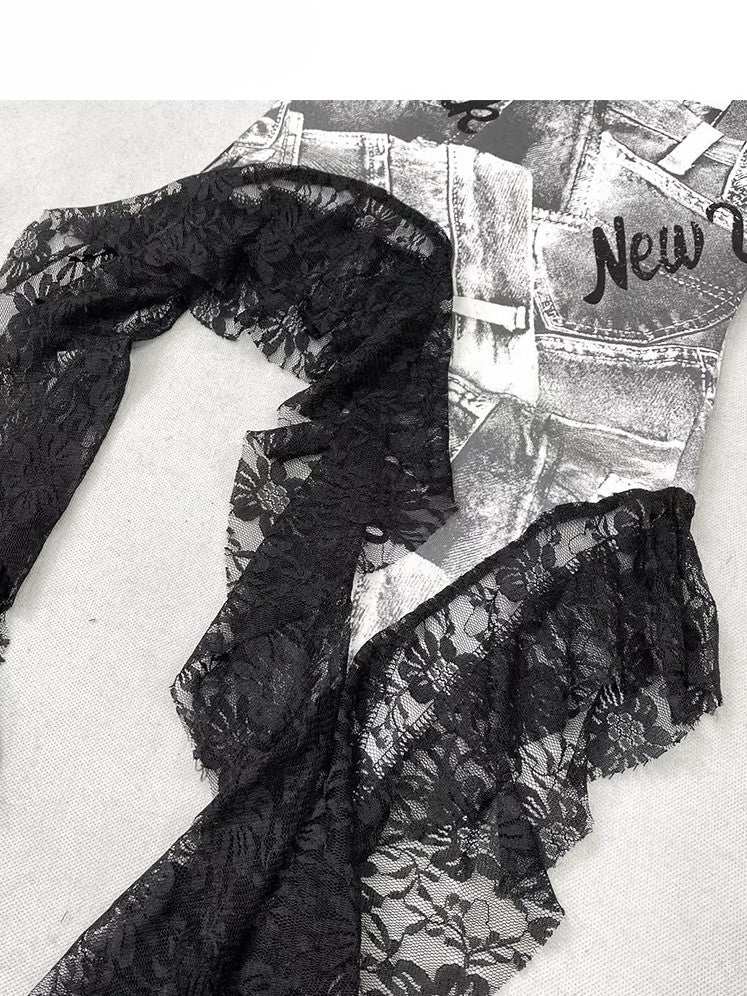 プリントレーストリム ビタースイートヘム レタートップ アシンメトリーチューブ グレー