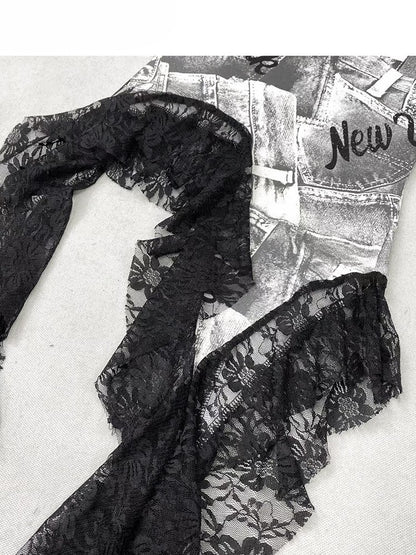 プリントレーストリム ビタースイートヘム レタートップ アシンメトリーチューブ グレー