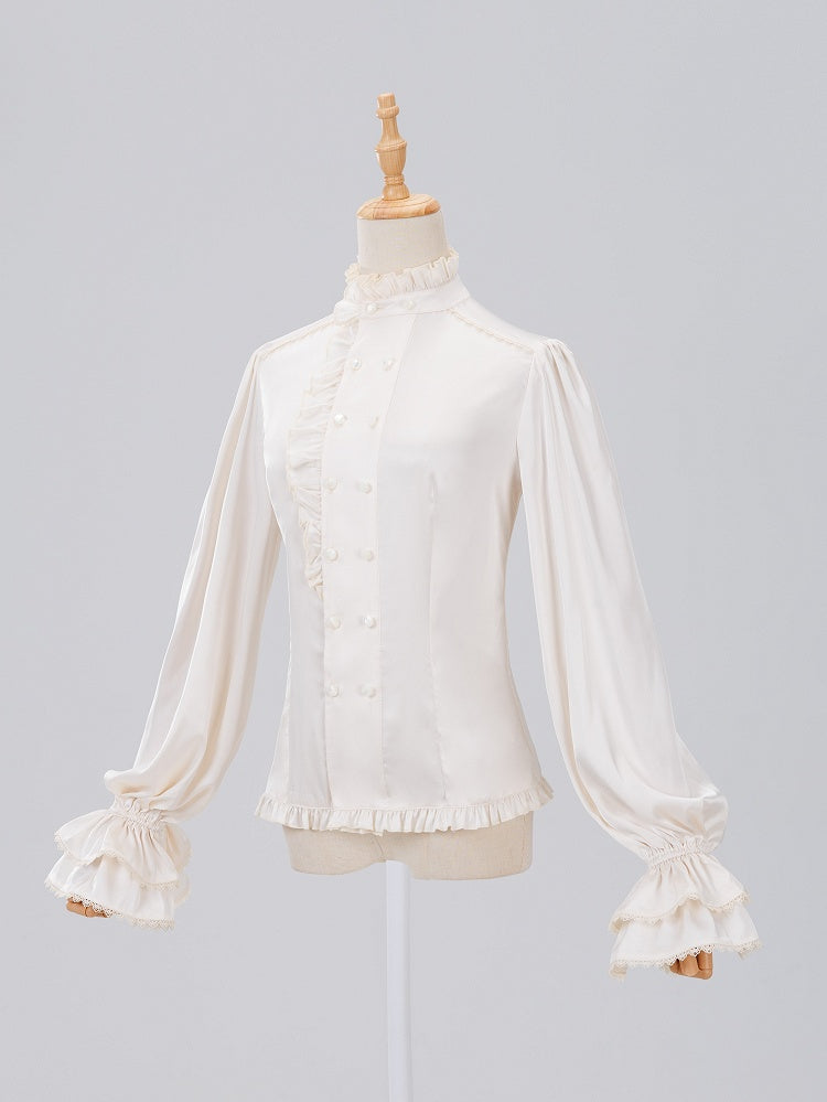 Ivory Ruffled High-Neck Poet Shirt with Jabot Tie - DevilInspired Exclusive Collection