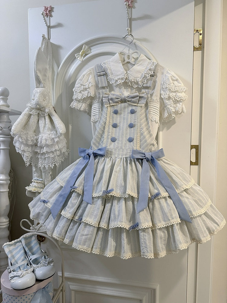 Sweet Ruffle Layered Striped Dress Bow with Accents Overall Blue Lolita