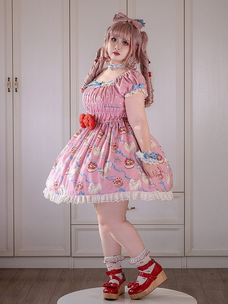Sweet Kitty Mieder Lolita Print Einteiler gesmokt rosa elastische Schleifen und