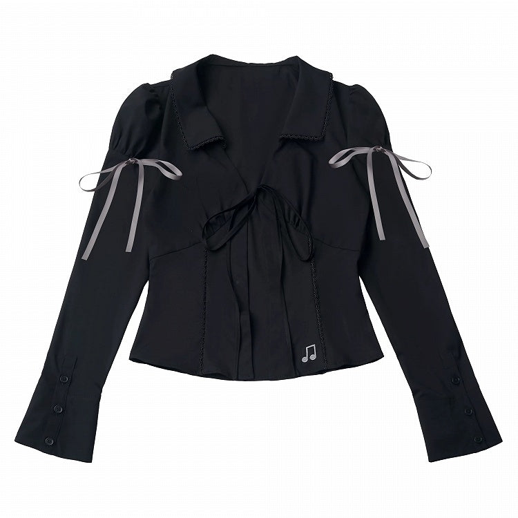 Onyx Lace-Collar Long-Sleeve Top with Musical Embroidery - PINK SAVIOR