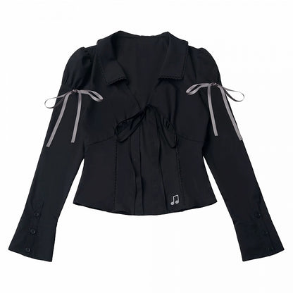 Onyx Lace-Collar Long-Sleeve Top with Musical Embroidery - PINK SAVIOR