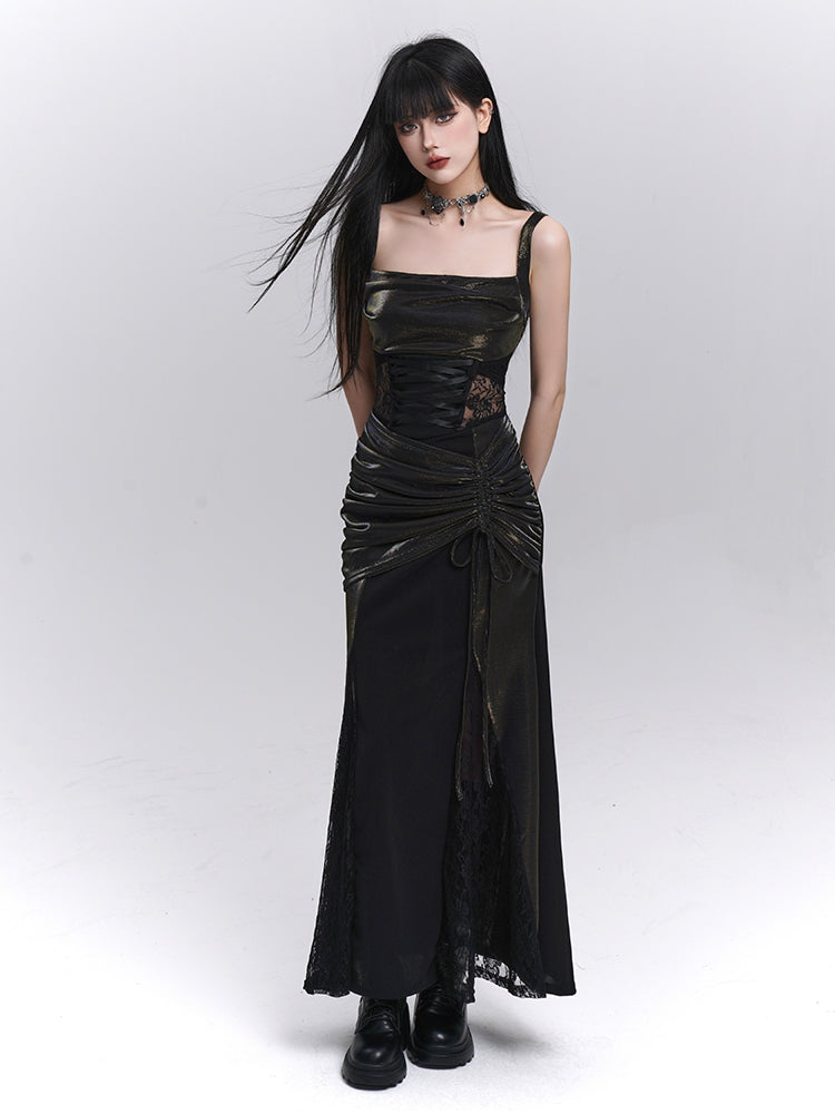 Taillenkordelzug Schwarze Spitze Hüfte Ärmelloses Kleid Patches