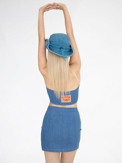 デニムブルーのポイントウエストバンドウエストスリムフィットグラマラススカート