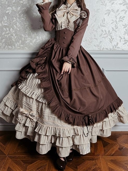 Elegant Bolero Classic Hat + Brown Badge Set Top Lolita Blouse Boned Striped Skirt Full