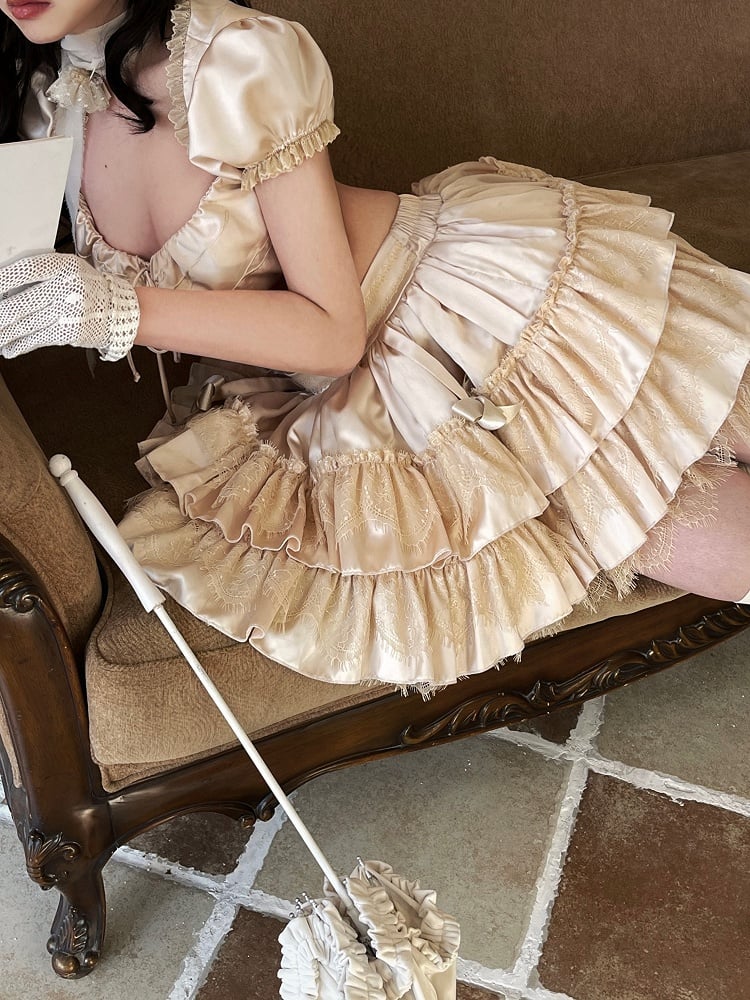 Embellishments Skirt Layered Lace Lolita with Beige Bow Gothic
