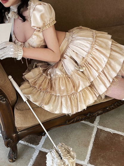 Lolita Gothic Layered Embellishments Bow with Skirt Lace Beige