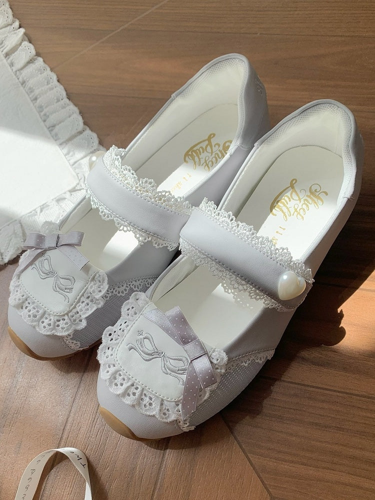 Sneakers Flat with Sweet Bow Lace Edging Gray Decorative Lolita - Velcro Fastening Style