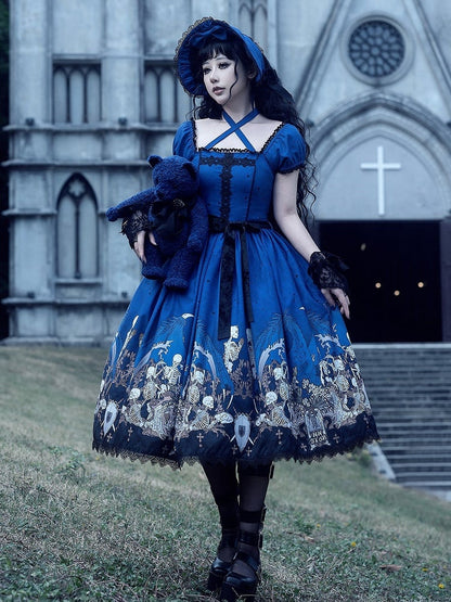 Cross Trim Black Gothic Skeleton Dress and Lace Lolita with Print Blue