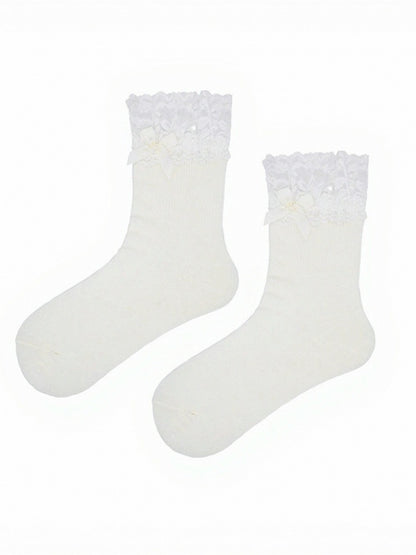 Four-Color Lace Trim Ankle Socks with Bowknot - ModaSwings
